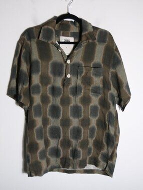 OAS Taupe Totemic Girona Linen Shirt Mens Medium Pullover Boho Geometric *Flaws